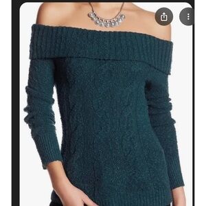 Free People Cable Foldover off the Shoulder sweater in teal size small